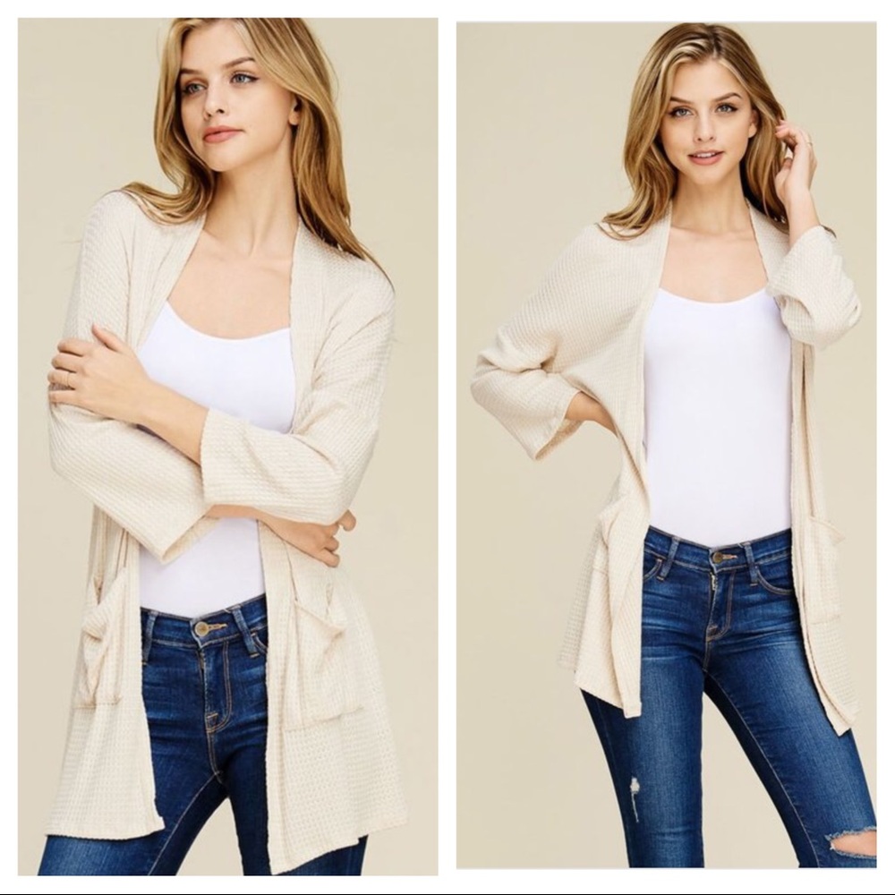 Natural Waffle Knit Cardigan with pockets